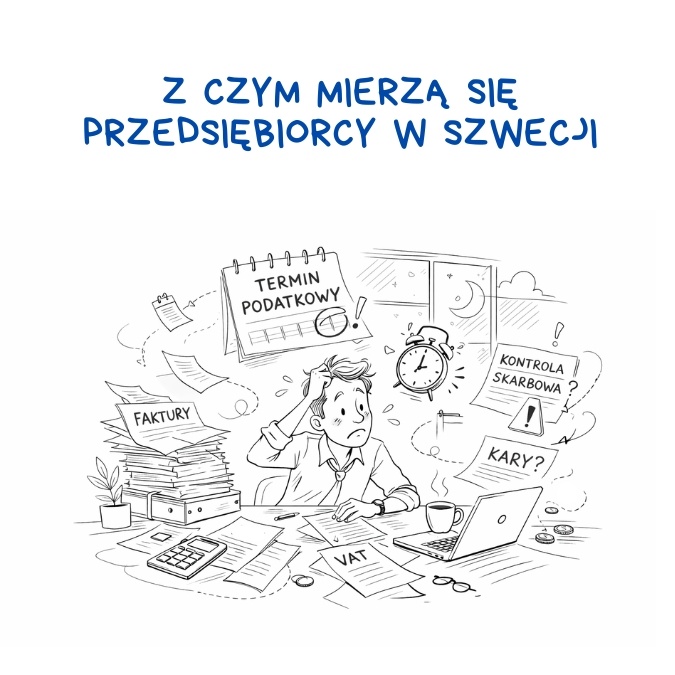 Problemy przedsiębiorców w Szwecji: chaos w księgowości, faktury, VAT, terminy podatkowe i stres przed kontrolą skarbową.