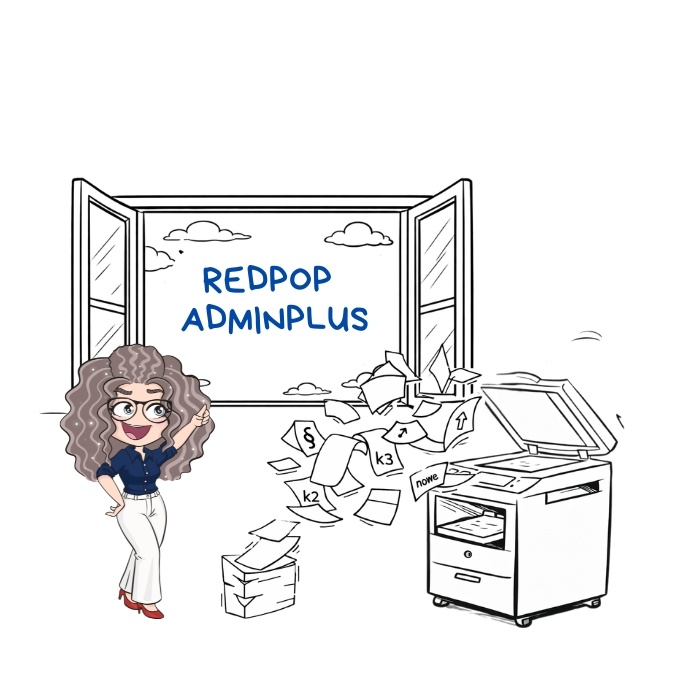 Redpop Helpdesk - pogotowie księgowe. Ilustracja Redpop Helpdesk: księgowa siedzi przy biurku z laptopem Redpop, telefon dzwoni, symbol wsparcia księgowego.    